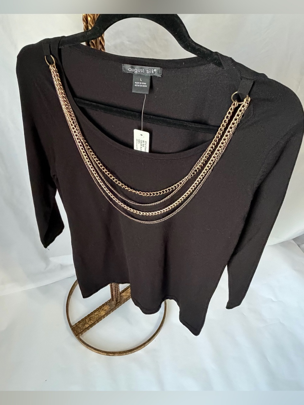 NWT August Silk Black Chain Neck Knit Top Size L
